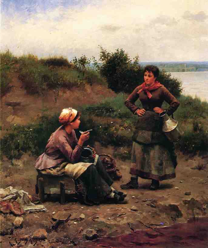 Daniel Ridgway Knight A Discussion Between Two Young Ladies